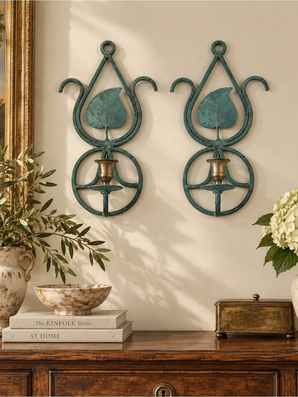 Vintage Verdigris Wrought Iron Wall Sconce Candle Holders Pair